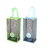 Two mesh hanging storage bags with handles on a white background, one in lime green and one in light blue, each with a circular mesh insert and a small round accessory at the bottom.