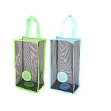 Two mesh hanging storage bags with handles on a white background, one in lime green and one in light blue, each with a circular mesh insert and a small round accessory at the bottom.