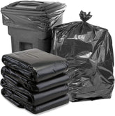 Black trash bags in various quantities with a trash bin on a white background