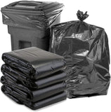 Black trash bags in various quantities with a trash bin on a white background