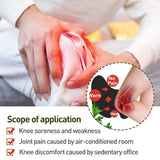 Person holding a painful knee with a close-up of a heating pad and text about its applications.