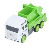 Toy garbage truck with white cab and green bed on a white background