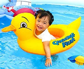Inflatable yellow duck baby pool float seat designed for safe and comfortable water fun.