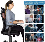 Person using a massage chair with images and text highlighting its benefits for various discomforts.