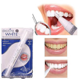 Dazzling White teeth whitening pen with packaging and before-and-after images of teeth.