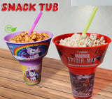 Kids' character snack cup with a separate snack compartment and reusable straw.