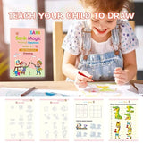 Child drawing with a coloring book titled 'Sank Magic Practice Copybook' on a table.