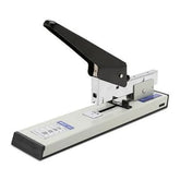 A manual paper stapler with a black lever handle, silver metal body, and a light gray base, shown on a plain white background.