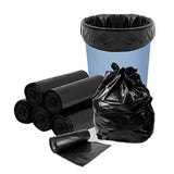 Black trash bags with a blue trash bin on a white background