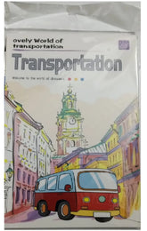 A children's book or booklet titled 'Transportation' from the 'Ovely World of transportation' series, featuring a colorful watercolor-style illustration of a vintage red and yellow bus in a European street with a clock tower.