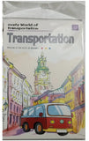 A children's book or booklet titled 'Transportation' from the 'Ovely World of transportation' series, featuring a colorful watercolor-style illustration of a vintage red and yellow bus in a European street with a clock tower.