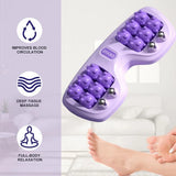 Purple foot massager with text on blood circulation, deep tissue massage, and full-body relaxation.