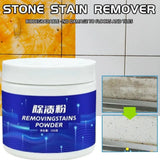 Container of removing stains powder with a tiled wall background