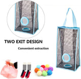 Mesh storage bag with two exit design for convenient extraction, featuring colorful pom-poms and socks.