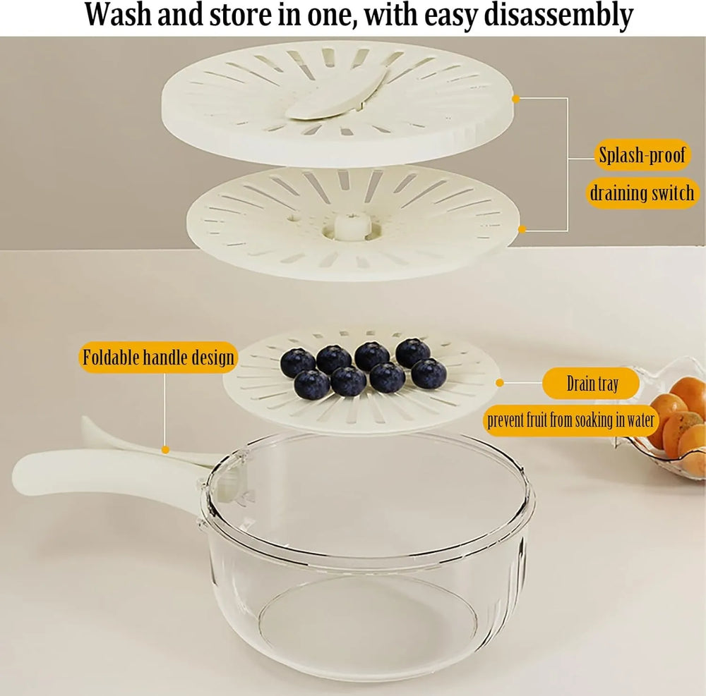 Clear glass container with white lid and handle, featuring blueberries and oranges on a light background.