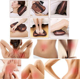 Collage of a person using a brown massage device on various parts of their body, showing before and after effects.