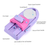 A nail stamping or scratchboard tool shown on a white background with multiple callout labels pointing to parts such as the print head, pattern board localizer, scratchboard, fastening button, vacuum force handle, nail localizer, and lock handle.