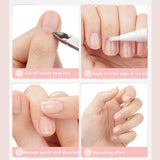Step-by-step nail care process with cuticle oil application and massage.