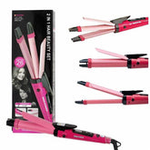 Pink and black hair styling tools with packaging on a white background