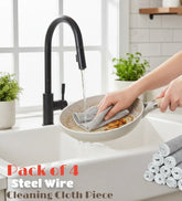 Person washing a frying pan with a cleaning cloth in a kitchen, with text about steel wire cleaning cloth pieces.