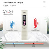 A TDS-3 digital temperature probe thermometer shown on a white marble-style surface with explanatory graphics about temperature range, Celsius-to-Fahrenheit conversion, and blue/red thermometer icons indicating 32°F and 176°F.