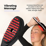 Person using a vibrating head massager with text about its benefits on a beige background