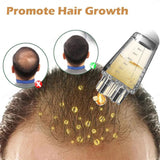 Product for promoting hair growth with a close-up of hair application on a person's head.