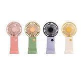 Portable mini rechargeable handheld fan for personal cooling at home, work, or while traveling.