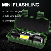 Mini flashlight in a green case with charging and waterproof features listed.