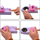 A four-panel demonstration showing a pink and lavender nail file set being used on fingernails. The set includes a nail file, a push nail tool, and a nail shape guide, with hands demonstrating how to file, push, and shape the nails.