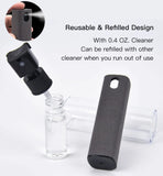Reusable and refilled cleaning tool with a clear bottle and black handle on a white background.