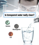 Person in a lab setting with text 'Is transparent water really clean?' and images of bacteria, microorganisms, and rust.