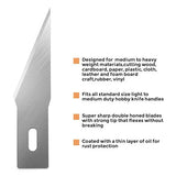 Hobby knife blade with features listed on a white background