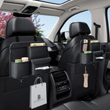 Car back seat organizer with multiple compartments and a phone holder, placed inside a vehicle.