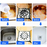 Before and after cleaning images of a sink, drain, and other kitchen fixtures.