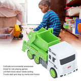 Child playing with a toy garbage truck in a room filled with toys.