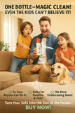 Man with children and dog holding a bottle of cleaning product, with text about its effectiveness and features.