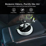 Car air freshener with text on removing odors and purifying air, featuring long-lasting, refreshing, and solar-powered features.