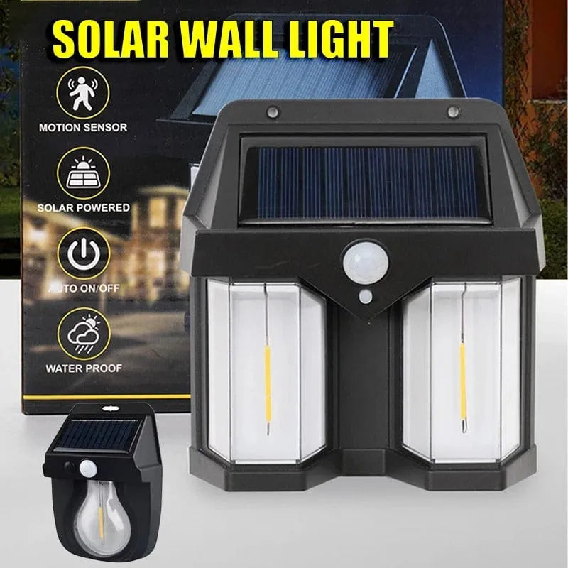 Solar wall light with motion sensor and packaging on a white background