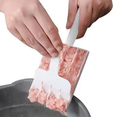 Person using a silicone tool to shape ground meat into patties on a pan.