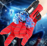 Red spider-themed glove with blue web发射器on a dark background