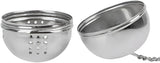 Two metal tea infusers on a white background