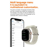 Smartwatch and smartphone displaying language selection interface with text about multi-language support.