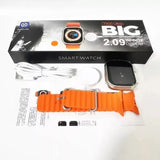 Smart watch with orange band and packaging on a white background