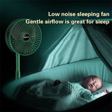 Telescopic portable desk fan with a rechargeable battery for home, office, and travel use.