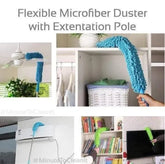 Flexible microfiber duster with extension pole used to clean various surfaces.