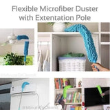 Flexible microfiber duster with extension pole used to clean various surfaces.