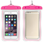 Two pink phone pouches with smartphones inside, one showing app icons and the other a clear view.