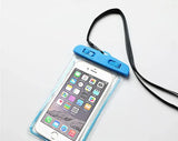 Phone in a waterproof case with a blue top and black strap on a white background