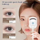 Woman using a device to straighten eyelashes with text indicating quick heat and makeup application.